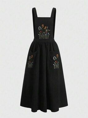 SHEIN curve | Fairycore Embroidered Flower Dungaree Dress